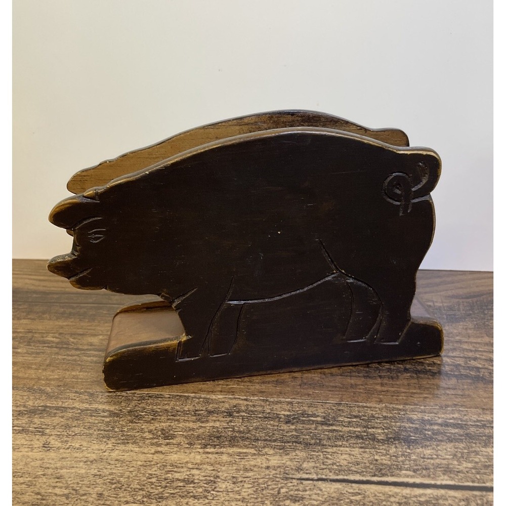 Vintage Wooden Carved Pig Napkin Holder Stand Kitsch Kitchen Decor Letter Holder